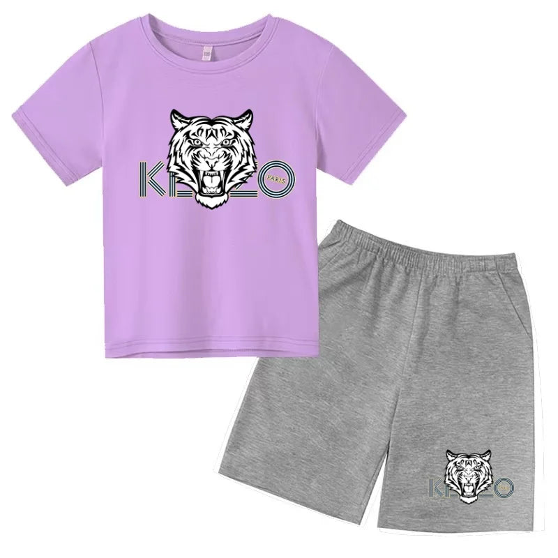 Children Summer Clothes Tiger Print T-shirt 3-12Yrs Boys Girls Short-sleeved Top+Shorts Casual Brand Fashion Sports Set Clothing