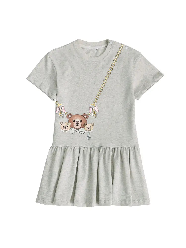 Cute Sweet Bow Girls Dress Summer 2025 Short sleeve Kids Skirt Fashion Cartoon Bow Bear Princess Dress Daily wear Child Dresses