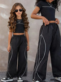 Summer Street Style Casual Outfit for Teenage Girls: Black T-Shirt + Color-Blocked Wide-Leg Pants Two-Piece Set, Stylish and Fashionable, Suitable for Children Aged 5-13, Versatile for Home, Leisure, and Outings