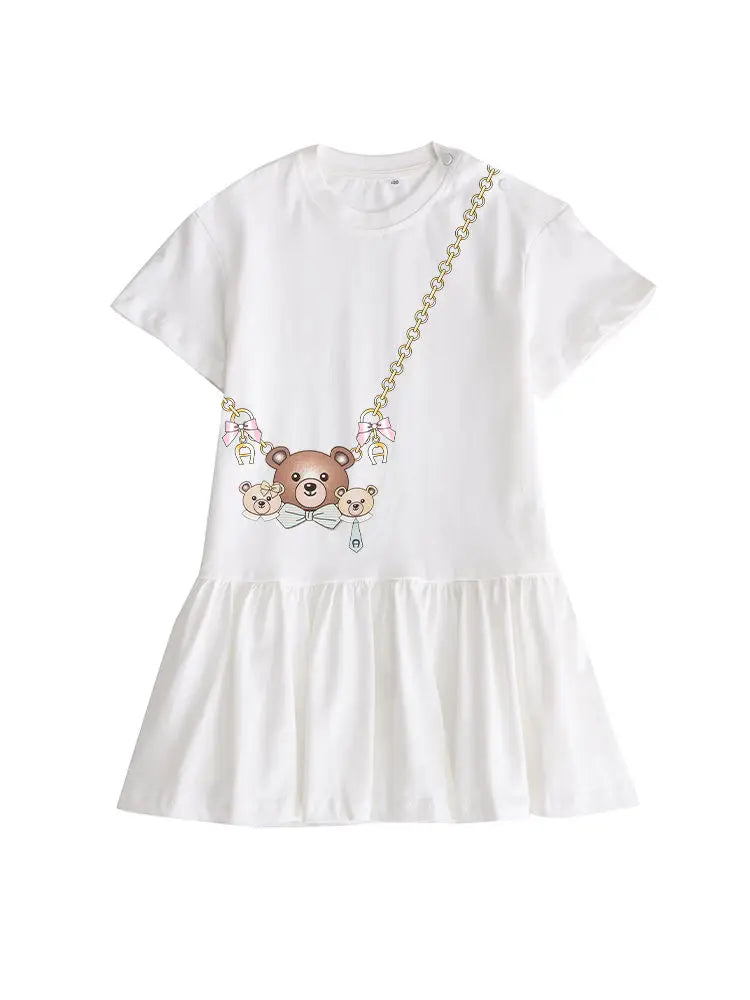 Cute Sweet Bow Girls Dress Summer 2025 Short sleeve Kids Skirt Fashion Cartoon Bow Bear Princess Dress Daily wear Child Dresses