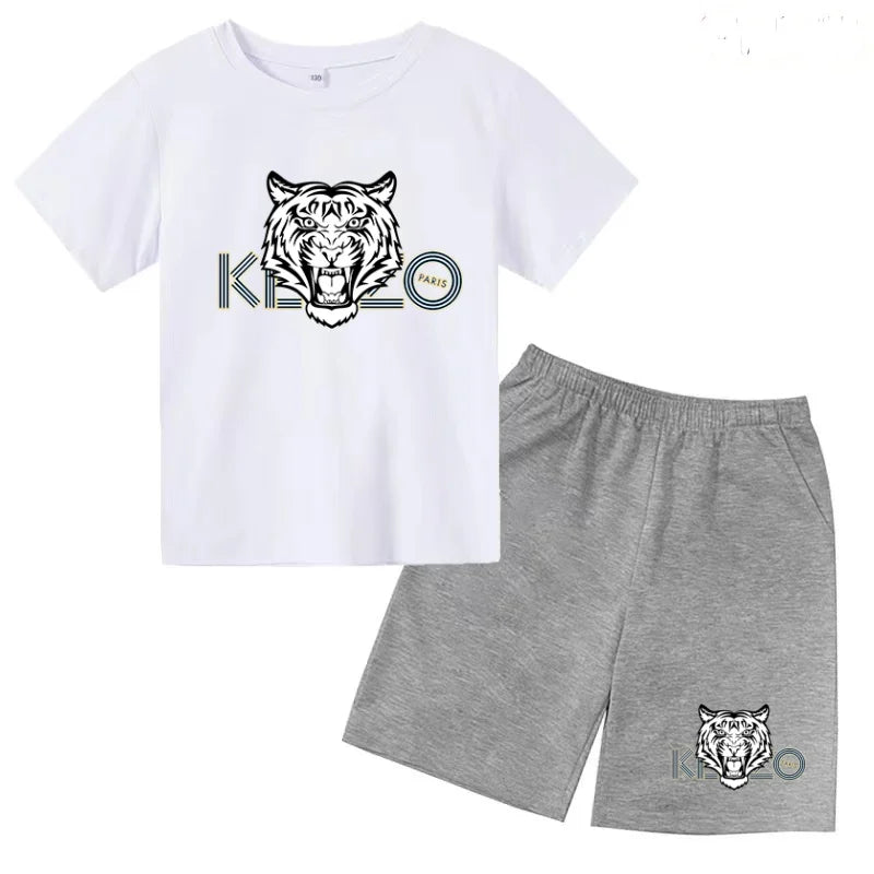 Children Summer Clothes Tiger Print T-shirt 3-12Yrs Boys Girls Short-sleeved Top+Shorts Casual Brand Fashion Sports Set Clothing