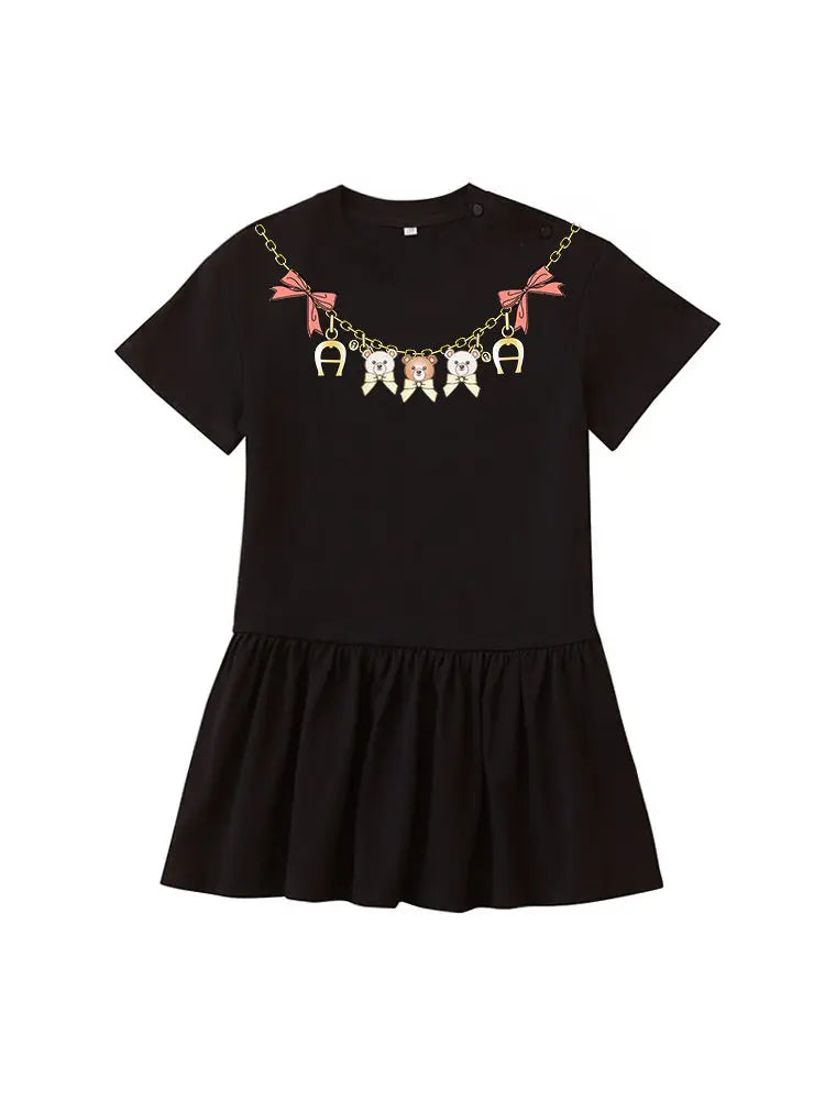 Cute Sweet Bow Girls Dress Summer 2025 Short sleeve Kids Skirt Fashion Cartoon Bow Bear Princess Dress Daily wear Child Dresses