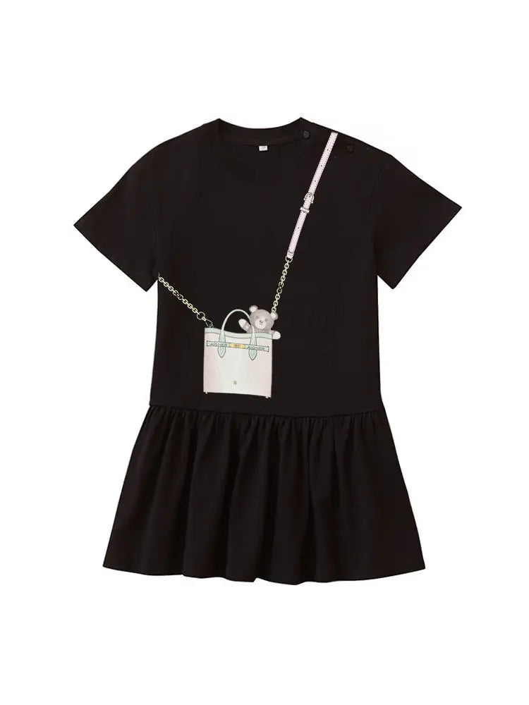 Cute Sweet Bow Girls Dress Summer 2025 Short sleeve Kids Skirt Fashion Cartoon Bow Bear Princess Dress Daily wear Child Dresses