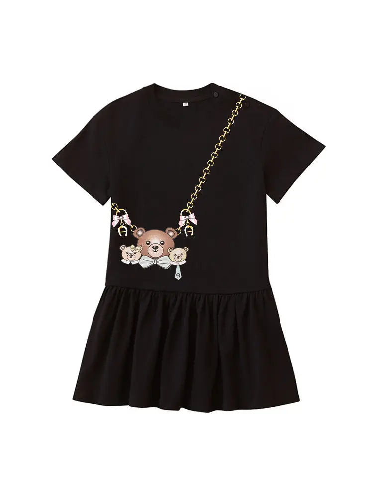 Cute Sweet Bow Girls Dress Summer 2025 Short sleeve Kids Skirt Fashion Cartoon Bow Bear Princess Dress Daily wear Child Dresses