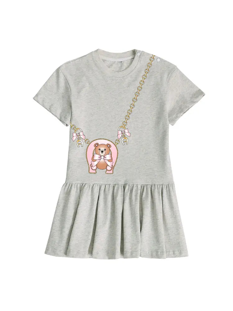 Cute Sweet Bow Girls Dress Summer 2025 Short sleeve Kids Skirt Fashion Cartoon Bow Bear Princess Dress Daily wear Child Dresses