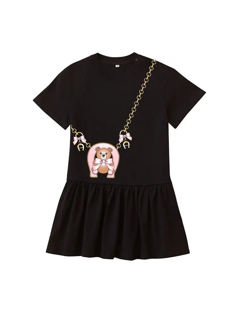 Cute Sweet Bow Girls Dress Summer 2025 Short sleeve Kids Skirt Fashion Cartoon Bow Bear Princess Dress Daily wear Child Dresses