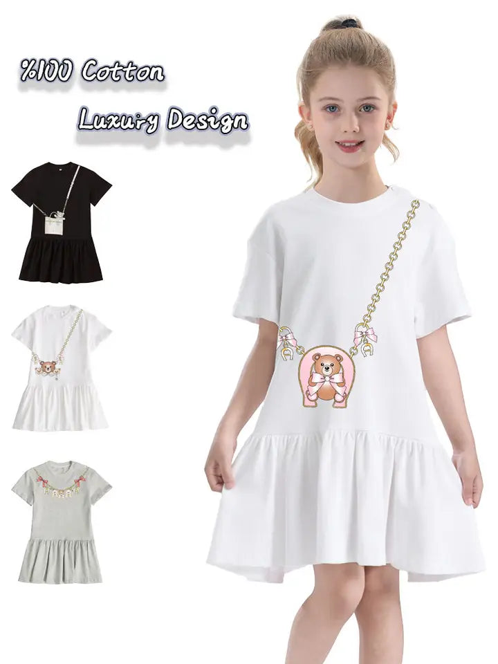 Cute Sweet Bow Girls Dress Summer 2025 Short sleeve Kids Skirt Fashion Cartoon Bow Bear Princess Dress Daily wear Child Dresses