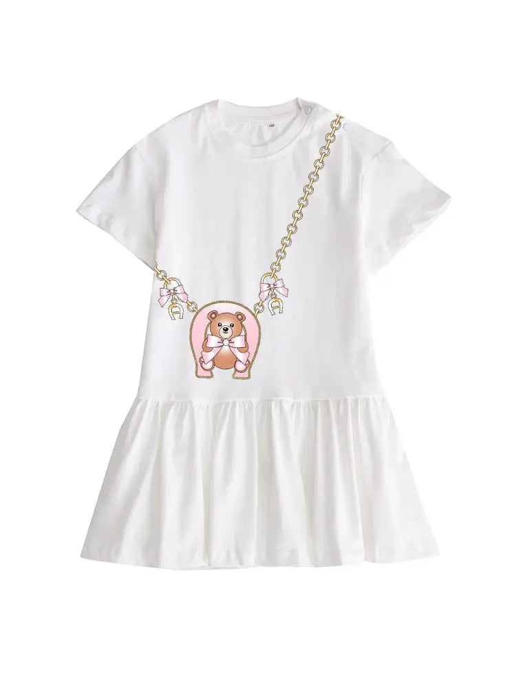 Cute Sweet Bow Girls Dress Summer 2025 Short sleeve Kids Skirt Fashion Cartoon Bow Bear Princess Dress Daily wear Child Dresses